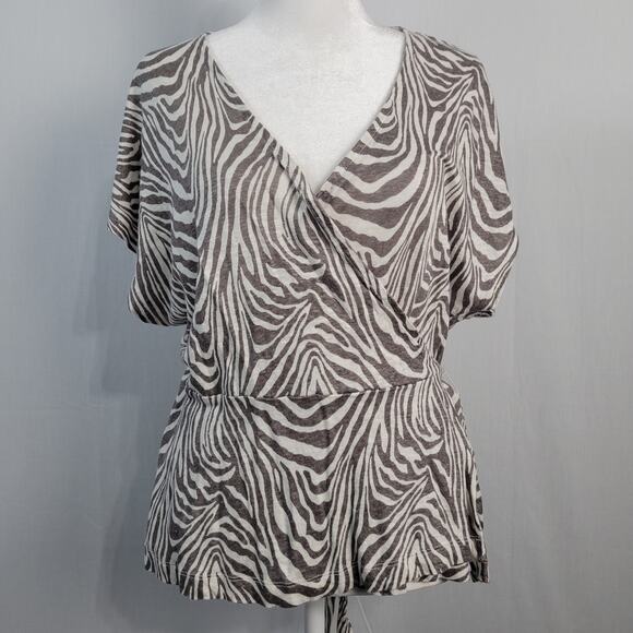 Banana Republic linen short sleeve zebra print wrap top size L gray white career - Picture 1 of 8